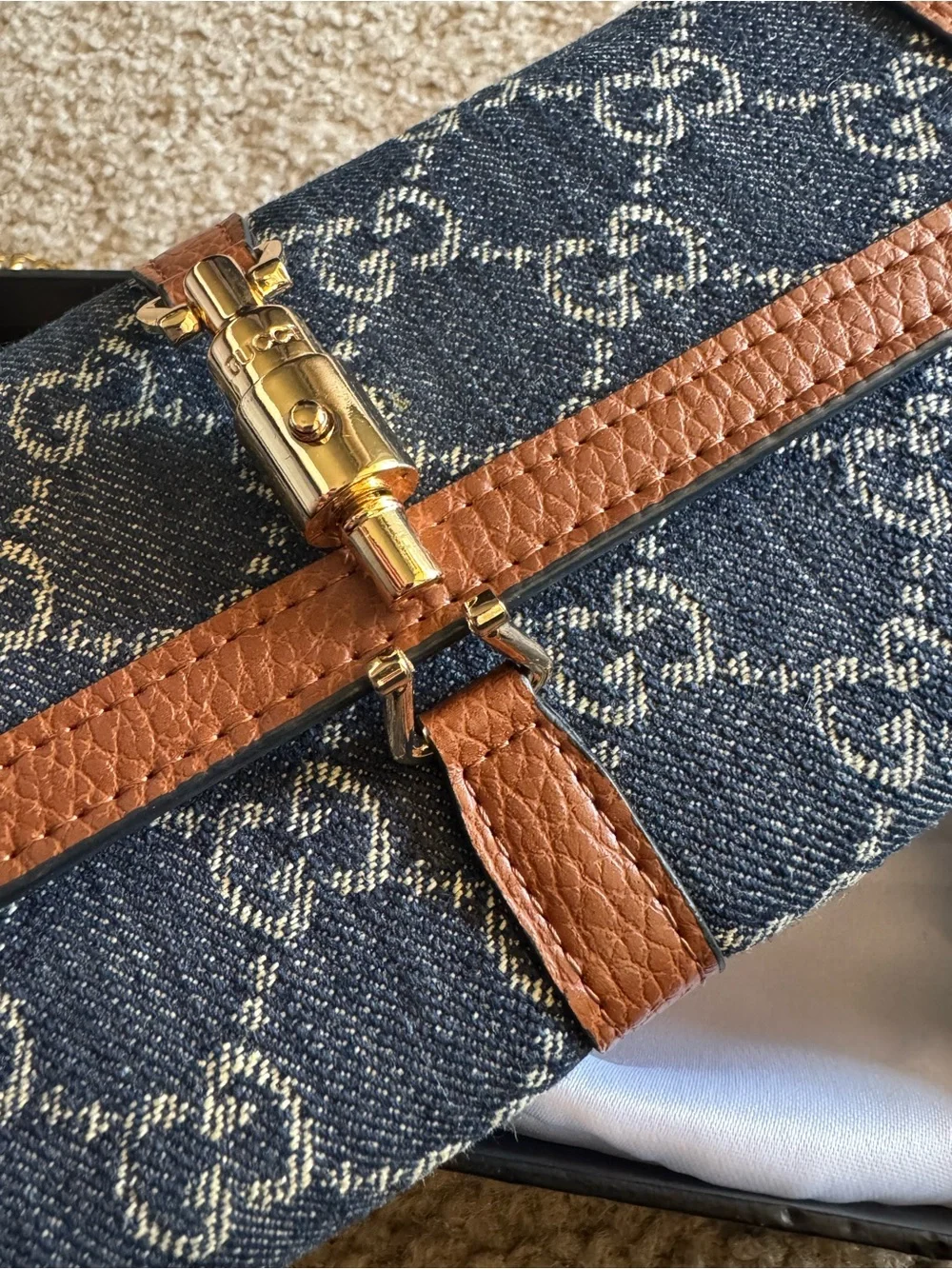 Navy Monogram Denim Crossbody with Brown Leather and Gold Chain - Picture 4 of 7